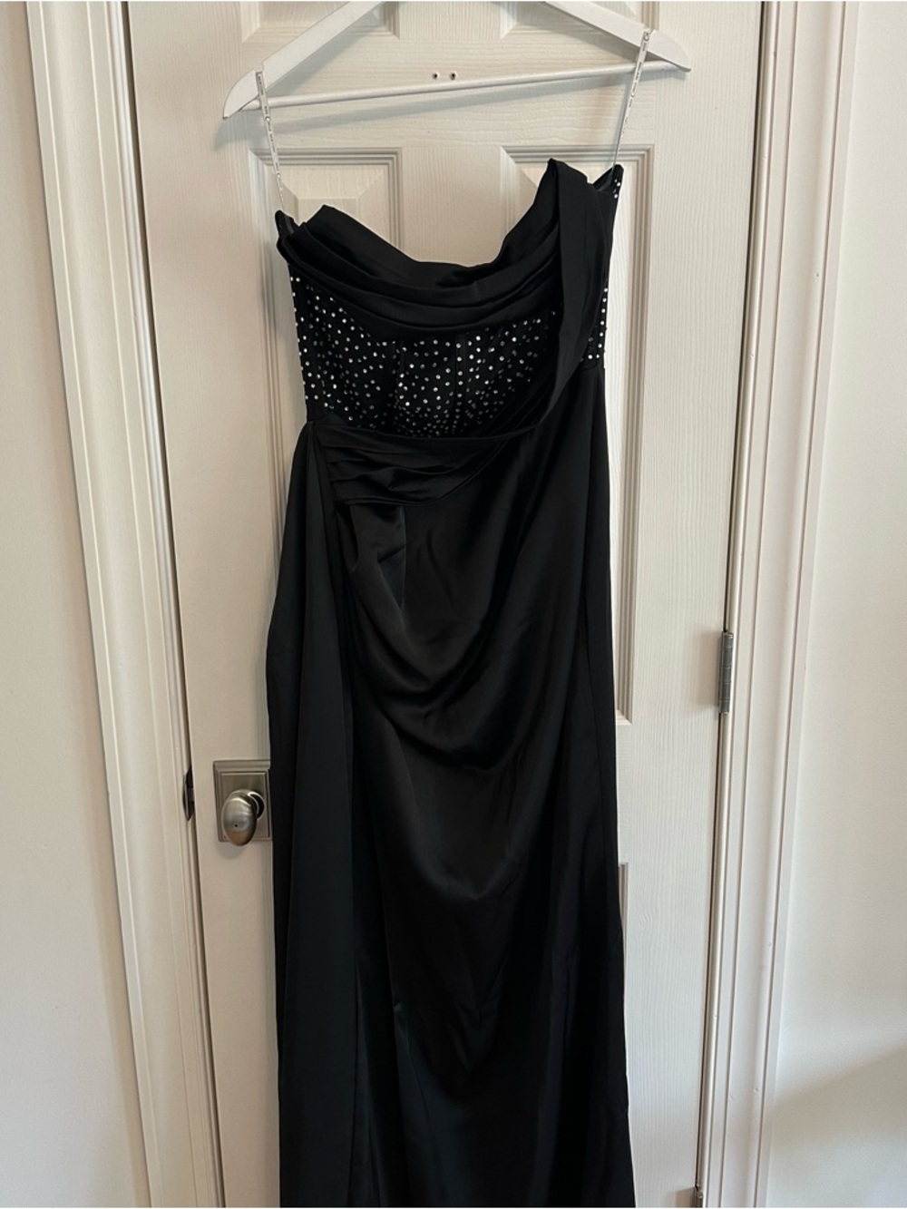 Miss Circle Holly Black Crystallized Corset High Slit Satin Gown - Picture 5 of 13